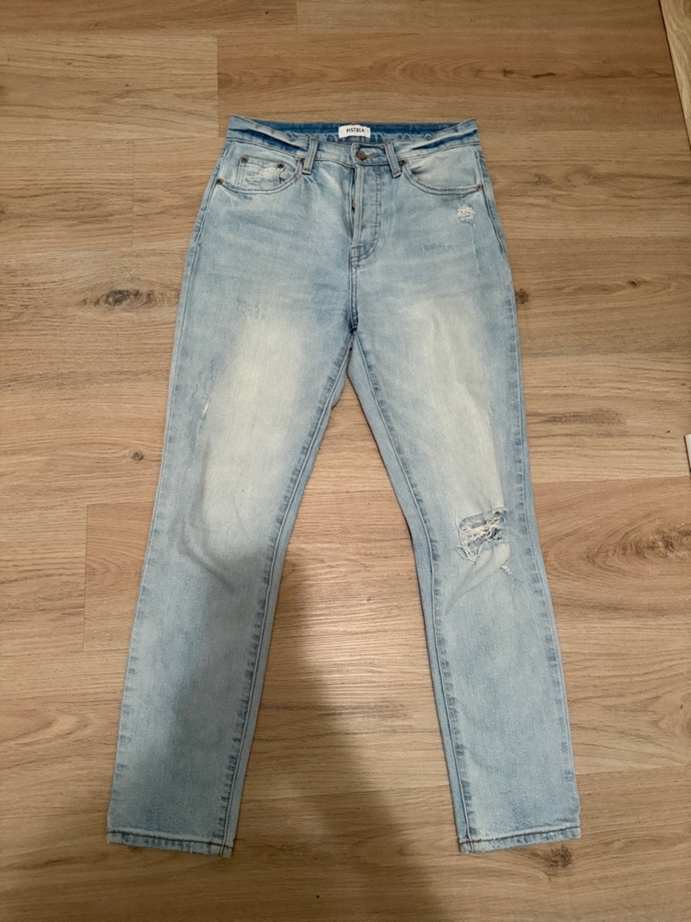 pistola Light Blue Straight Leg Jeans with Distress button fly size 27